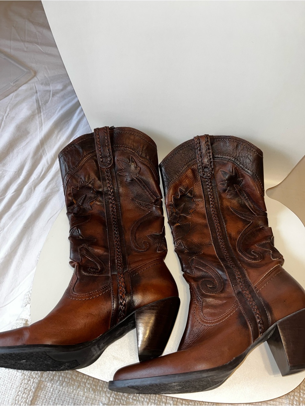 White Mountain Santa Fe Vintage Brown Leather Cowboy Boots - Picture 3 of 7